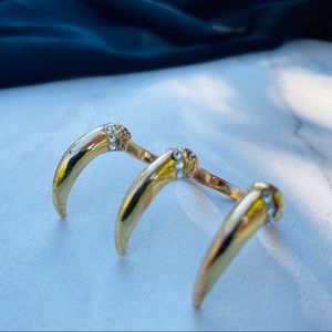 Vintage double knuckle gold-metal band triple spiked crystal kitty-claw ring